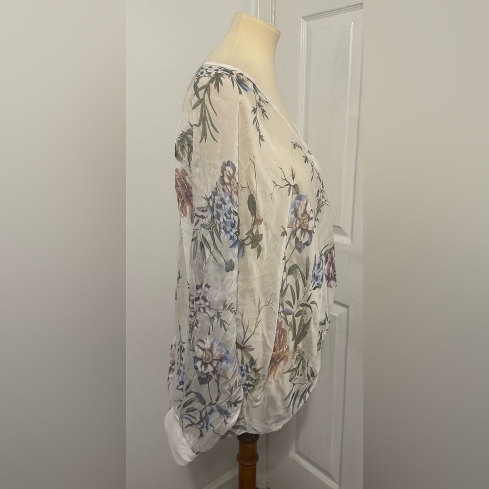 Tempo Paris Silk Blend Floral Boho Blouse Ivory Sheer Button Front Twist Hem Lrg - Picture 4 of 10